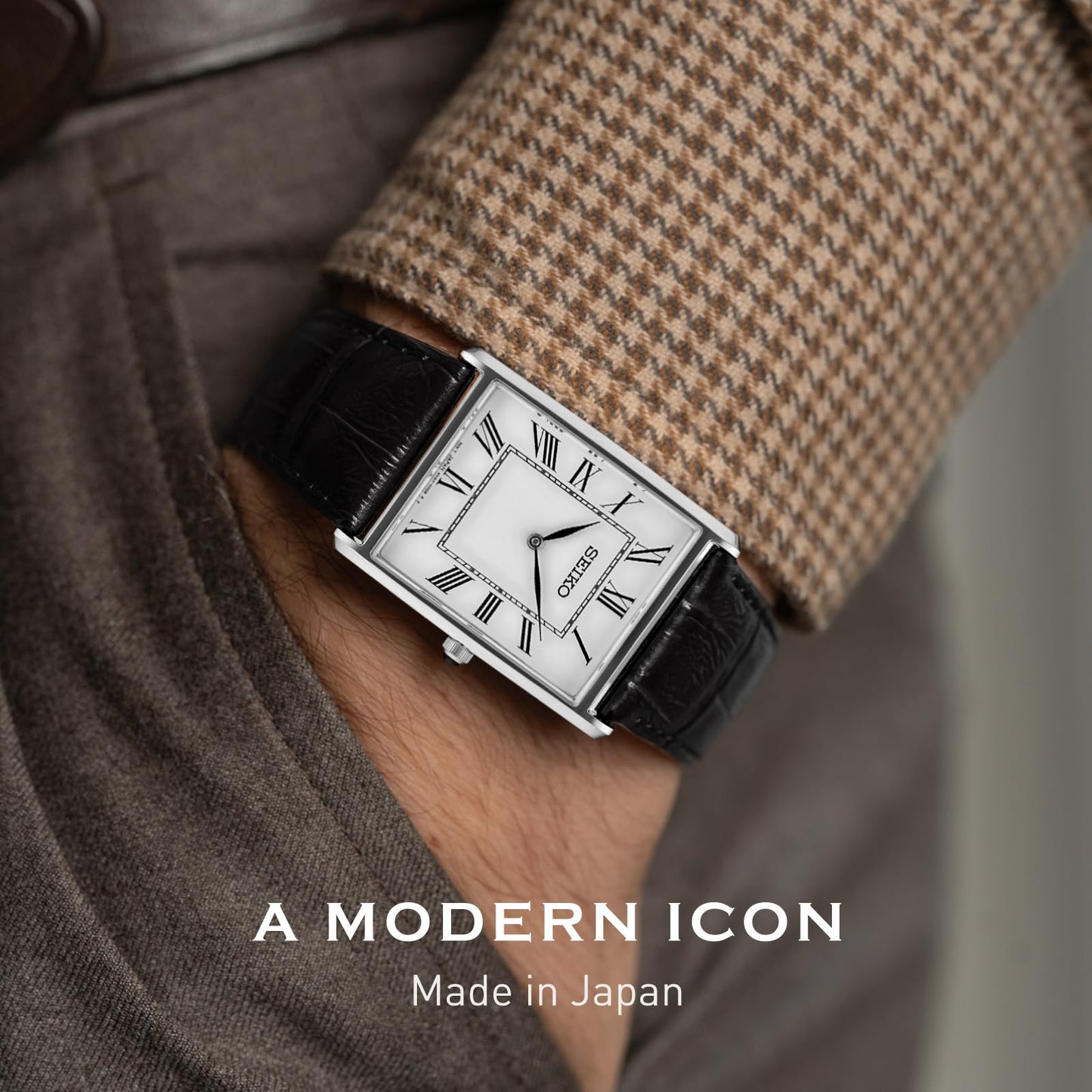 SEIKO SWR049 Watch for Men - Essentials - Water Resistant with Classic Stainless Steel Rectangular Case, White Dial with Roman Numerals, and Black Leather Strap