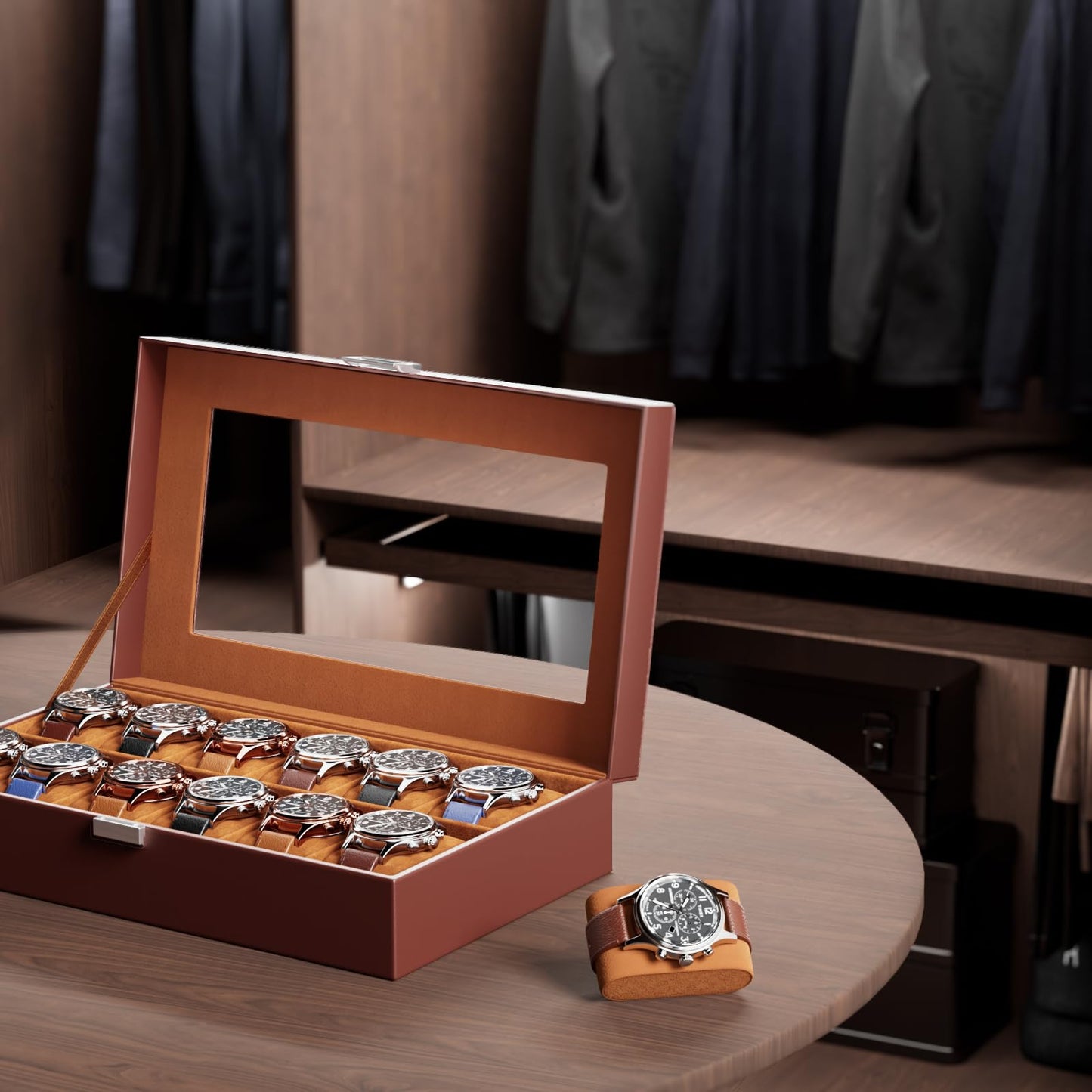 ProCase Watch Box Organizer, 12 Slot Watch Display Case With Glass Lid, Watch Storage Holder Mens Watch Case, Anniversary Birthday Valentine Gifts for Men Women -12 Slot, Brown