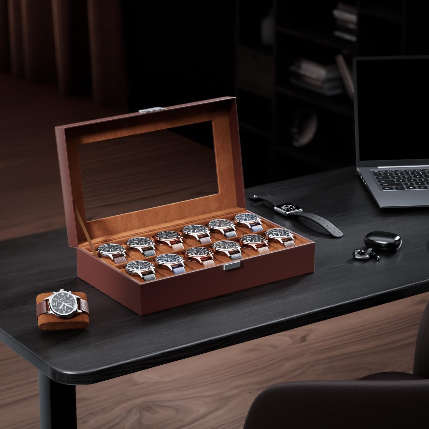 ProCase Watch Box Organizer, 12 Slot Watch Display Case With Glass Lid, Watch Storage Holder Mens Watch Case, Anniversary Birthday Valentine Gifts for Men Women -12 Slot, Brown