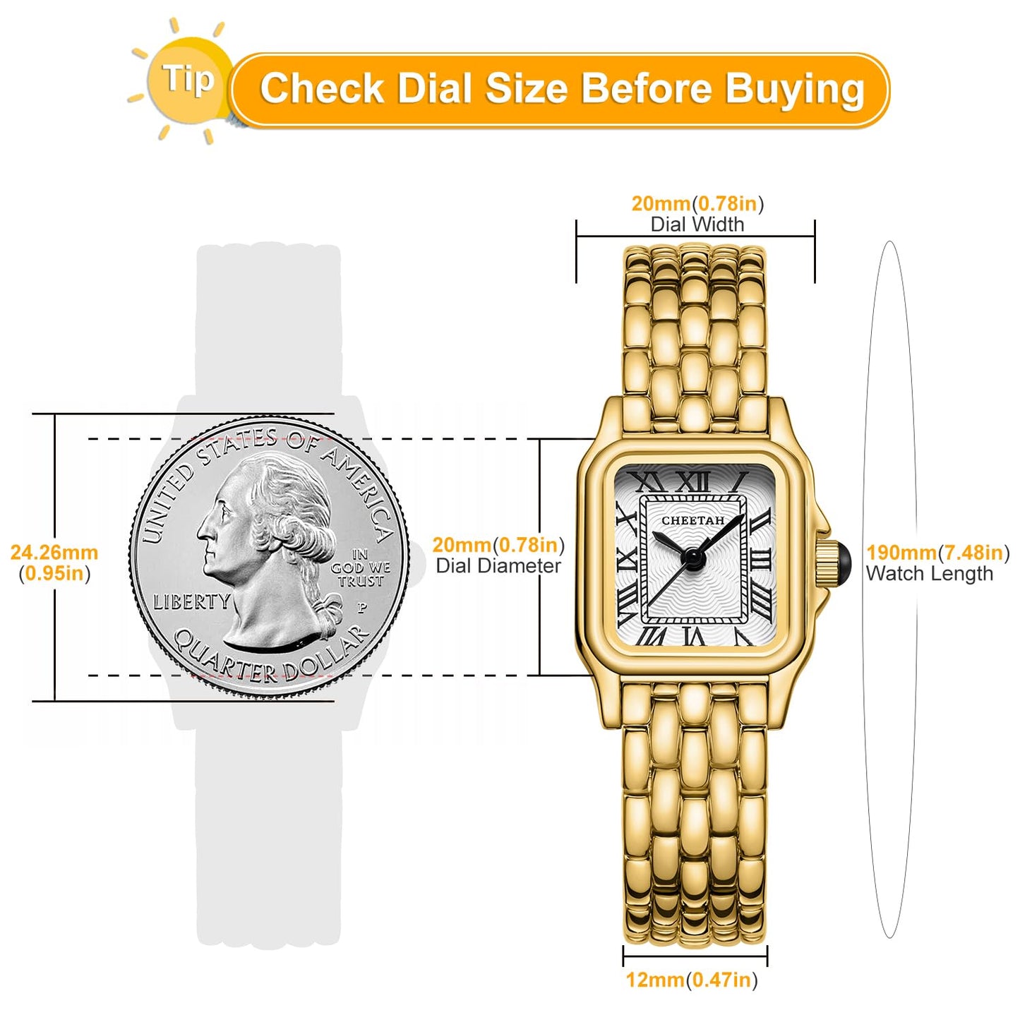 CHEETAH Watches for Women with Small Vintage Bracelet, Gold White Face, Rectangular Case, Roman Dial