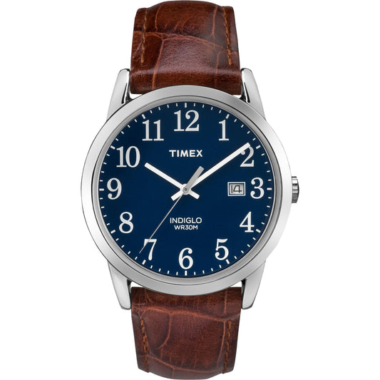 Timex Men's Easy Reader 38mm Watch – Silver-Tone Case Blue Dial with Brown Croco Leather Strap