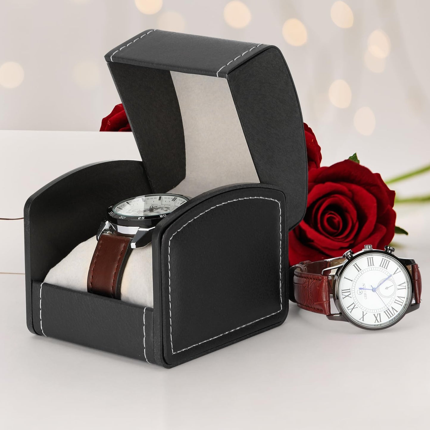 BAOPEND Luxury Single Watch Gift Box with Removable Pillow, PU Leather Single Watch Case Wristwatch Jewelry Storage Display Holder Cases for Men and Women (Black)