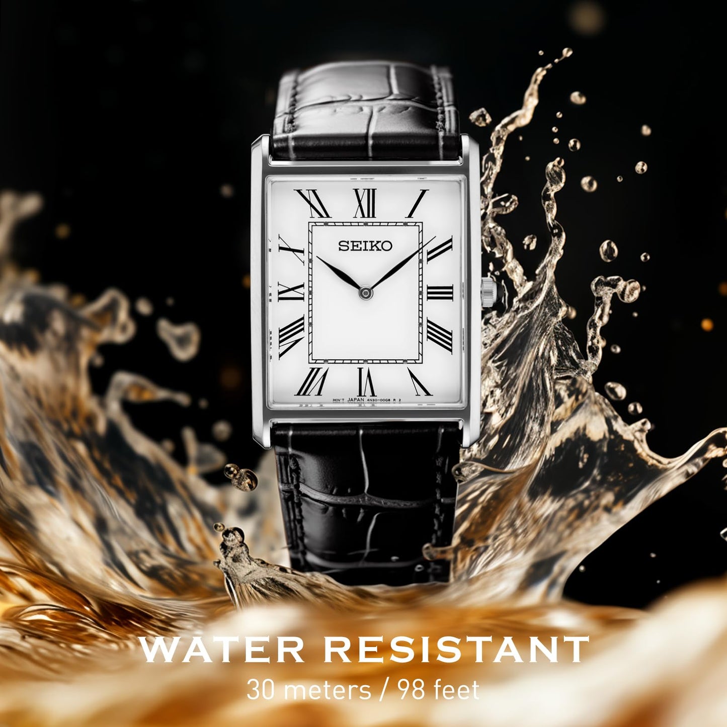 SEIKO SWR049 Watch for Men - Essentials - Water Resistant with Classic Stainless Steel Rectangular Case, White Dial with Roman Numerals, and Black Leather Strap