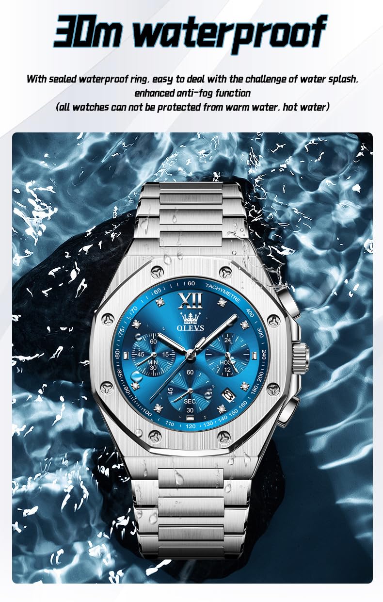 OLEVS Men Watches Chronograph Business Dress Stainless Steel Diamond Mens Wristwatch Blue Waterproof Luminous Two Tone Silver Relojes De Hombre