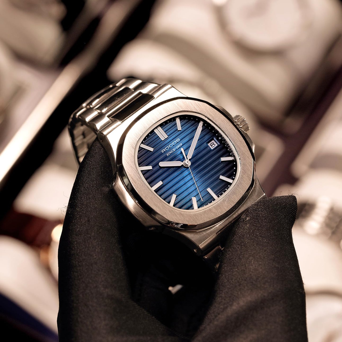ROCOSJEWE Classic Luxury Blue Dress Watch Men's Automatic Mechanical Watch Wristwatch Water-Resistant Date Display Luminous Dial Stainless Steel Bracelet Gift for Men R0139