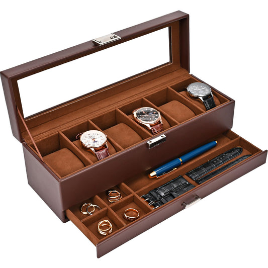 ProCase Watch Box, 6 Slot Watches Display Case with Drawer, Mens Watch Case with Glass Lid, 2-Layer Mens Jewelry Organizer Storage Holder, Birthday Valentine Gifts for Men -6 Slot, Espresso