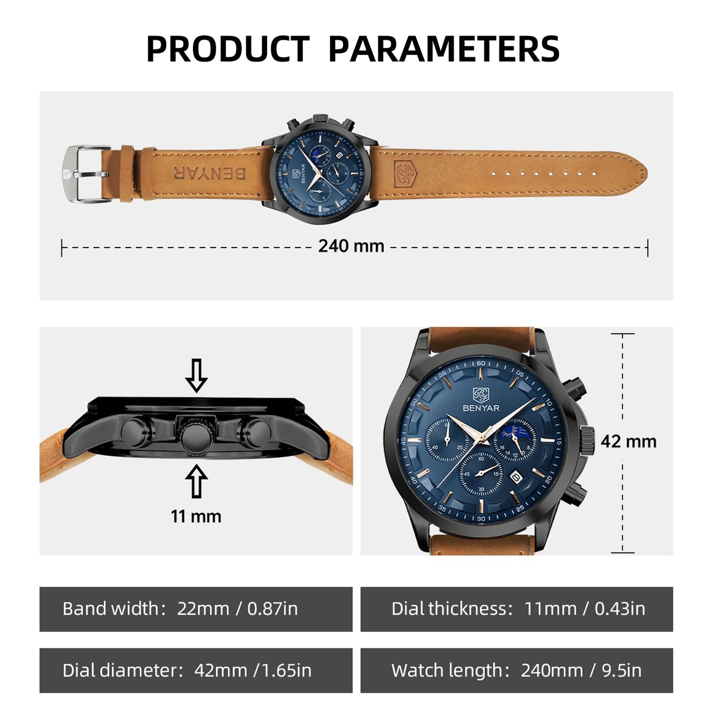 by BENYAR Watch for Men Chronograph Waterproof Men's Wrist Watches Business Work Casual Watch Elegant Gifts for Men