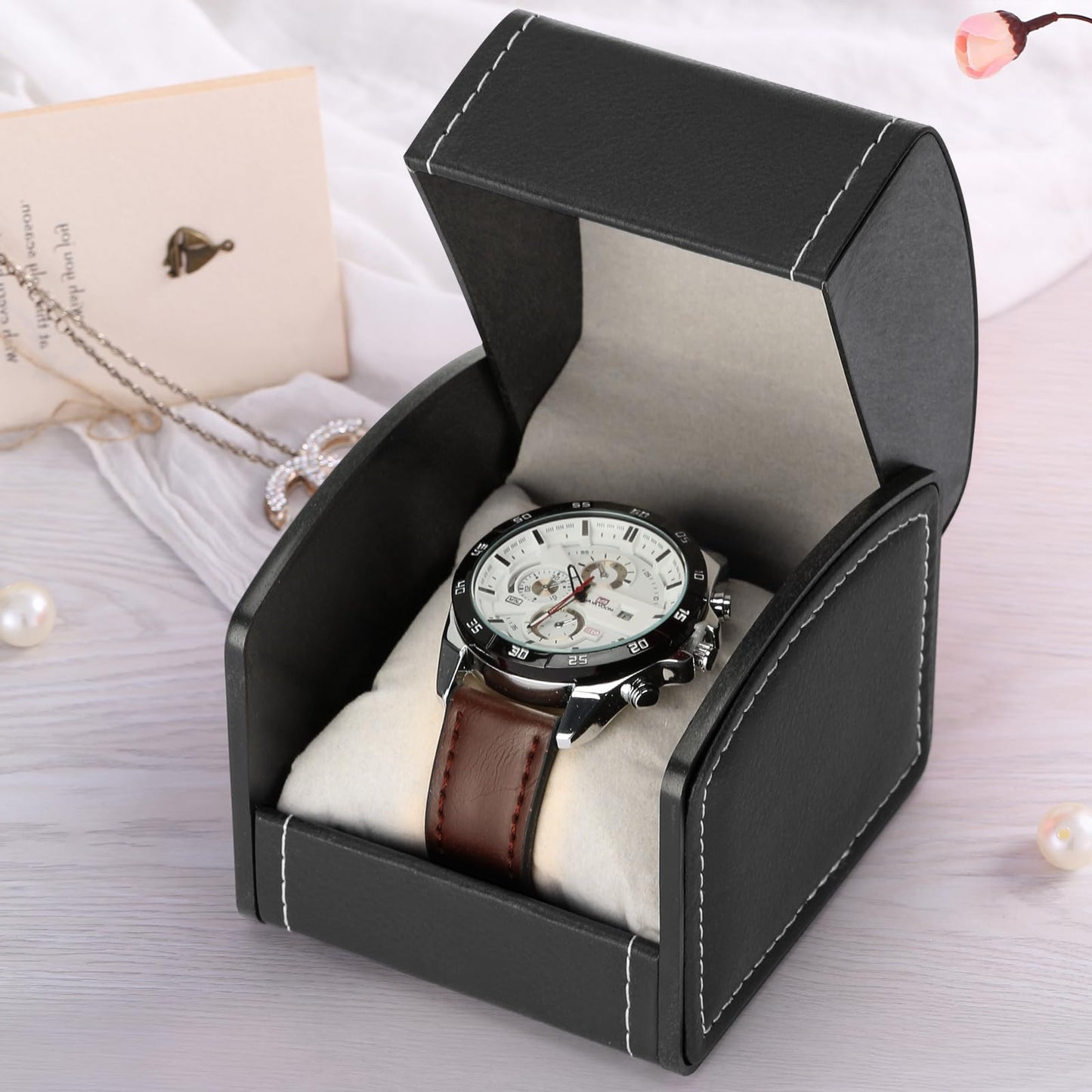 BAOPEND Luxury Single Watch Gift Box with Removable Pillow, PU Leather Single Watch Case Wristwatch Jewelry Storage Display Holder Cases for Men and Women (Black)