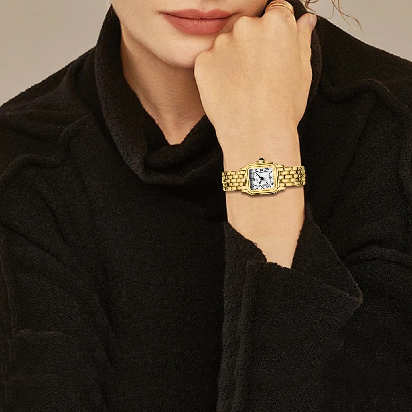 CHEETAH Watches for Women with Small Vintage Bracelet, Gold White Face, Rectangular Case, Roman Dial