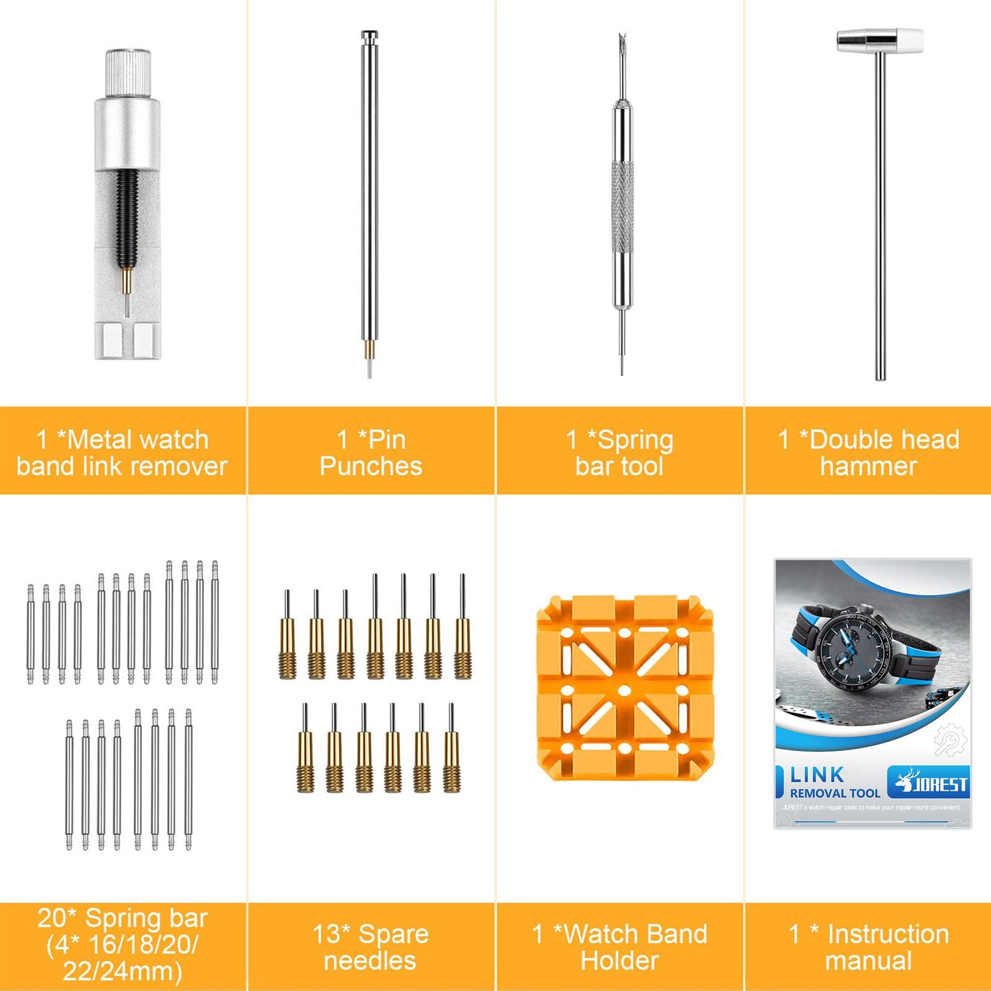 JOREST Watch Link Removal Tool, Watch Band Tool Kit, Repair Kit for Watch Bracelet Adjustment and Replacement and Resizing, With User Manual, Watch Link Remover, 20PCS Spring Bars, 13PCS Spare Needle
