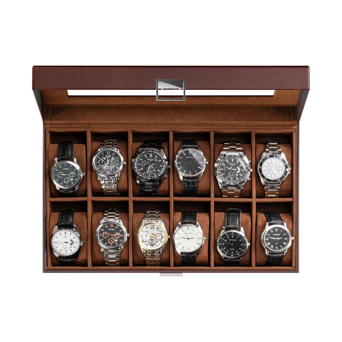 ProCase Watch Box Organizer, 12 Slot Watch Display Case With Glass Lid, Watch Storage Holder Mens Watch Case, Anniversary Birthday Valentine Gifts for Men Women -12 Slot, Brown