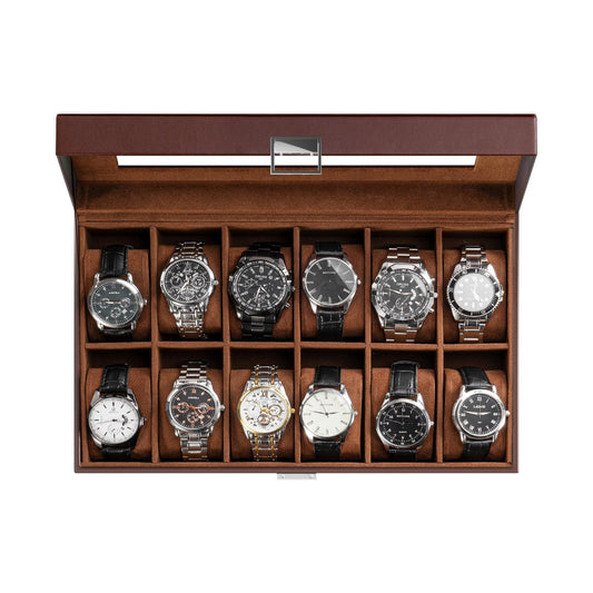 ProCase Watch Box Organizer, 12 Slot Watch Display Case With Glass Lid, Watch Storage Holder Mens Watch Case, Anniversary Birthday Valentine Gifts for Men Women -12 Slot, Brown
