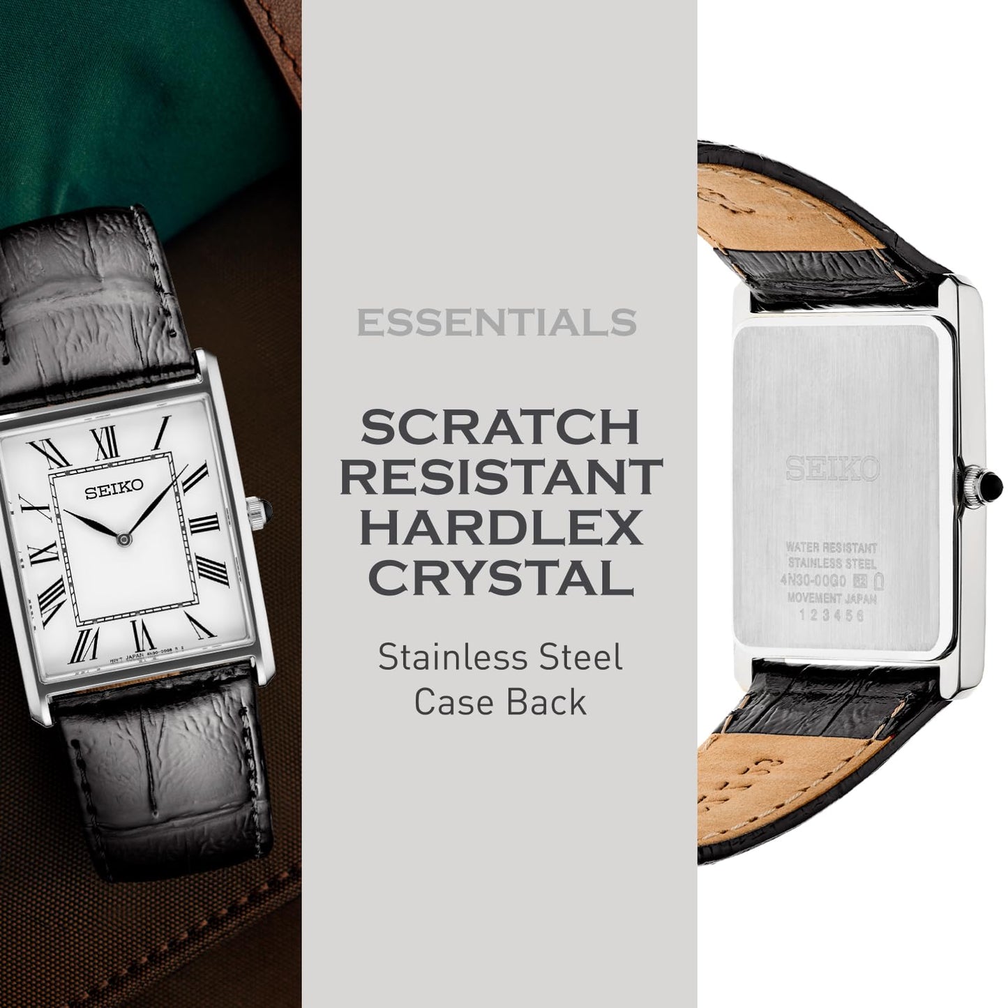 SEIKO SWR049 Watch for Men - Essentials - Water Resistant with Classic Stainless Steel Rectangular Case, White Dial with Roman Numerals, and Black Leather Strap