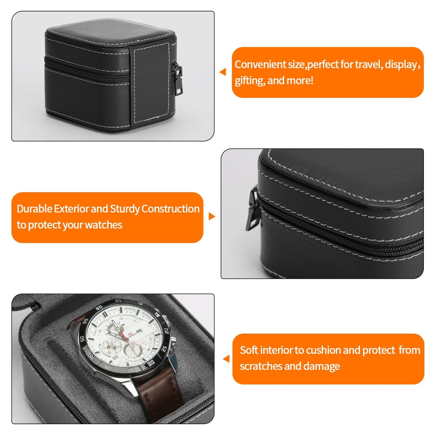 BAOPEND Single Watch Box, Small Watch Travel Cases for Men Women, Portable Zipper Wristwatches Storage Holder Boxes with Removable Pillow (Black)