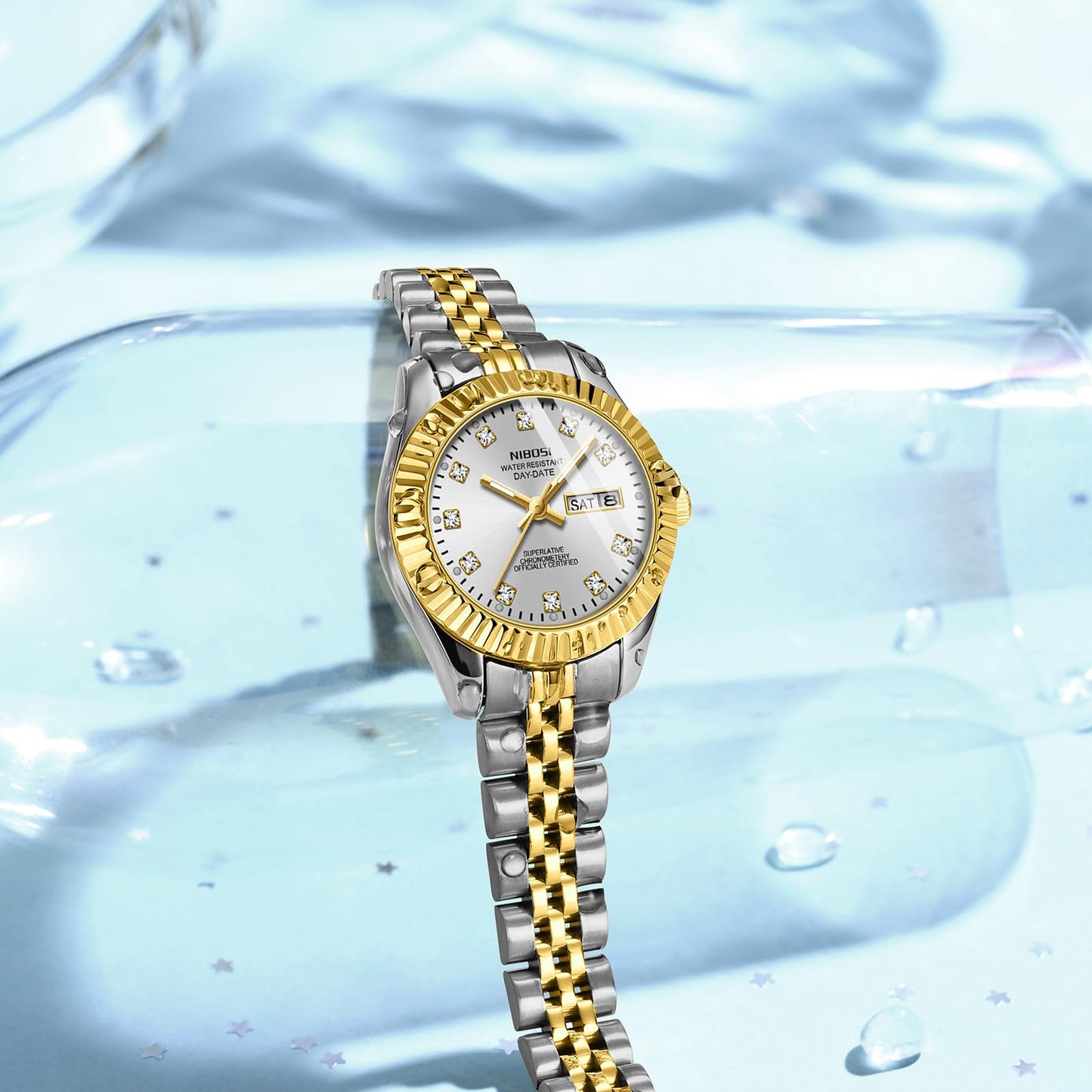 NIBOSI Watches for Women Analog Quartz Stainless Steel Dial Gold Silver Two Tone Bracelet with Day Date Luminous Waterproof Dainty Classic Luxury Diamond Elegant Dress Women's Watch for Small Wrists