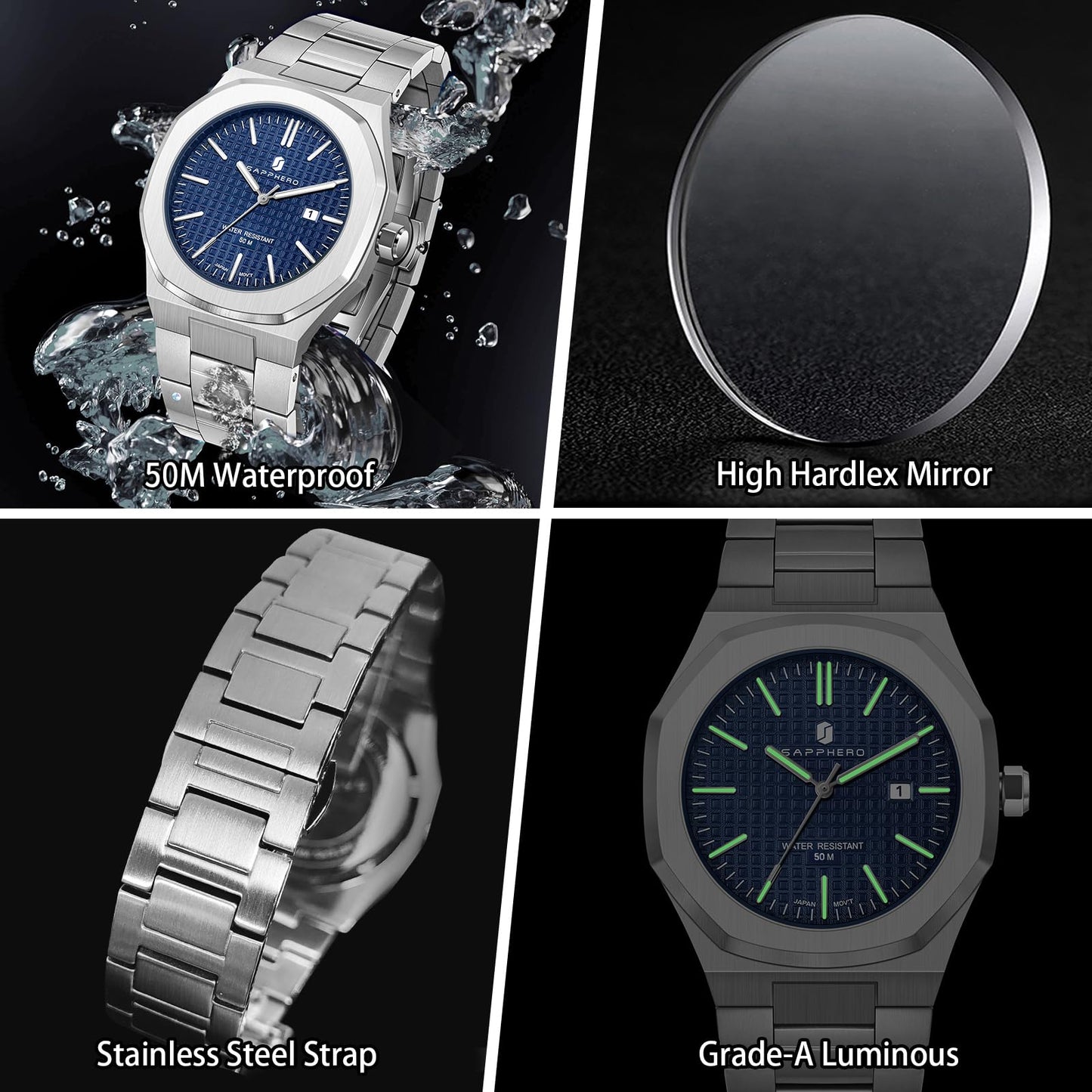 SAPPHERO Mens Watches Octagonal Stainless Steel Quartz Fashion Business Men's Watch 50 Meter Water Resistant Analog Movement Multifunction Dials Classic Gifts for Men