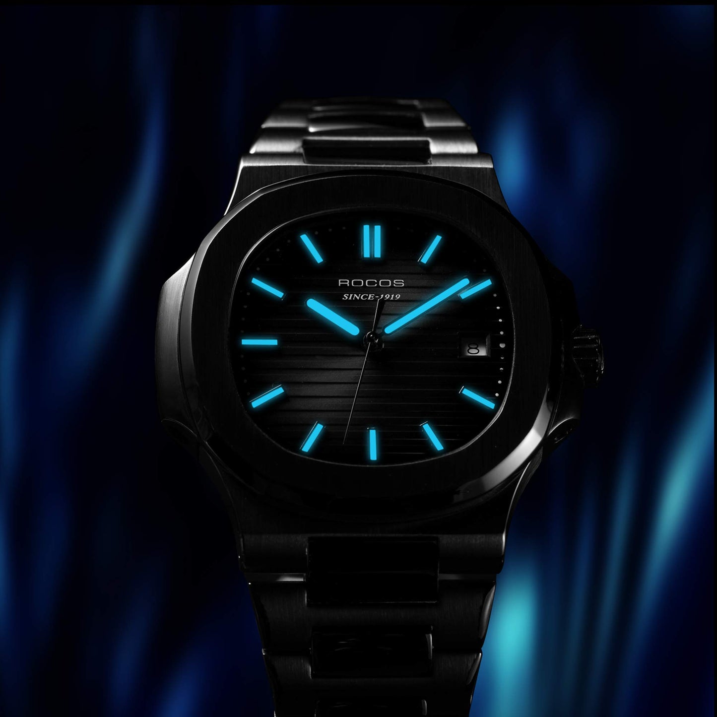 ROCOSJEWE Classic Luxury Blue Dress Watch Men's Automatic Mechanical Watch Wristwatch Water-Resistant Date Display Luminous Dial Stainless Steel Bracelet Gift for Men R0139