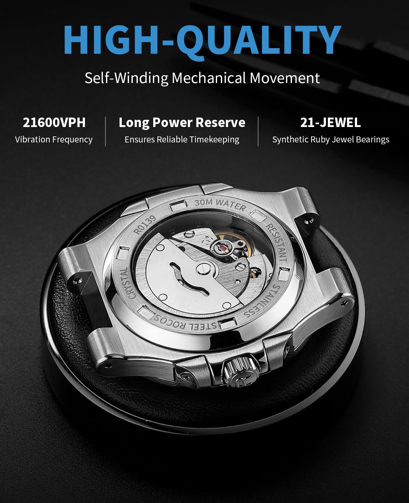 ROCOSJEWE Classic Luxury Blue Dress Watch Men's Automatic Mechanical Watch Wristwatch Water-Resistant Date Display Luminous Dial Stainless Steel Bracelet Gift for Men R0139