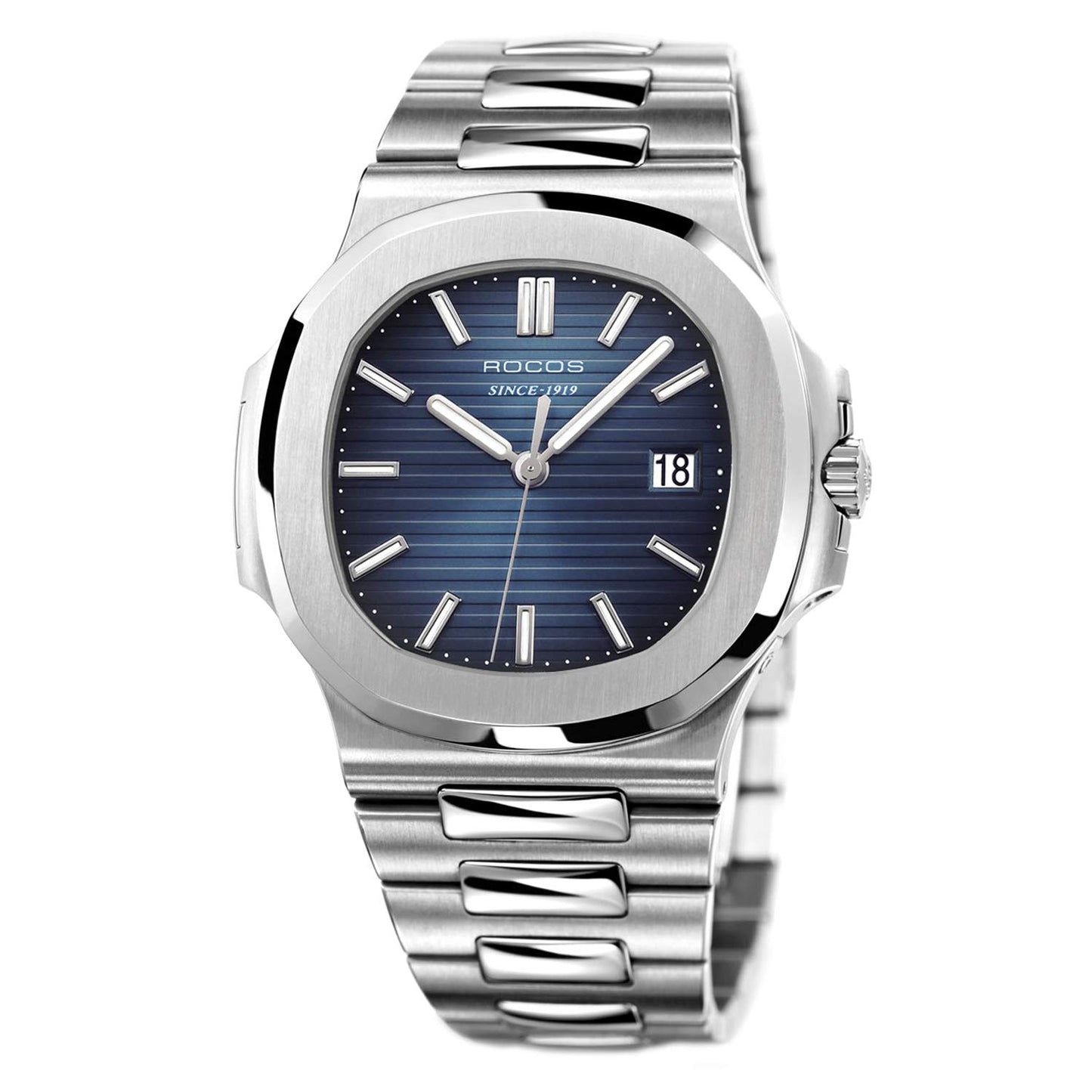 ROCOSJEWE Classic Luxury Blue Dress Watch Men's Automatic Mechanical Watch Wristwatch Water-Resistant Date Display Luminous Dial Stainless Steel Bracelet Gift for Men R0139