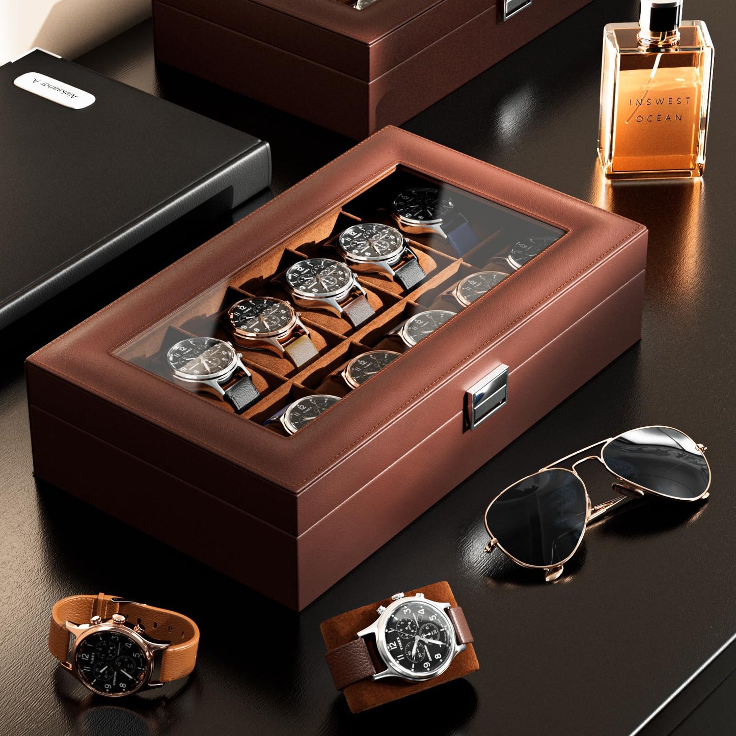 ProCase Watch Box Organizer, 12 Slot Watch Display Case With Glass Lid, Watch Storage Holder Mens Watch Case, Anniversary Birthday Valentine Gifts for Men Women -12 Slot, Brown