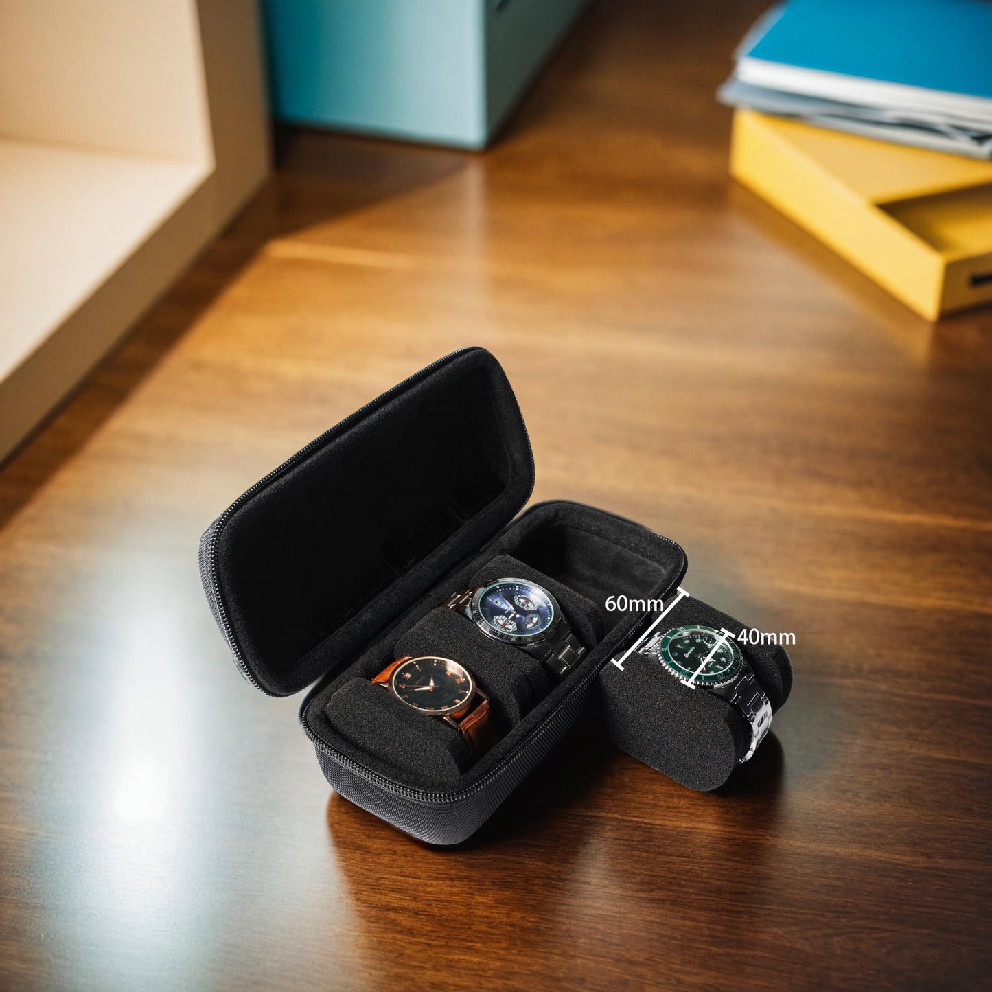 AUKURA 3 Slot Hard Watch Travel Case, Watch Roll Case Storage and Organizer for Men and Women, with anti-move watch pillow (Black fabric 3Slots)