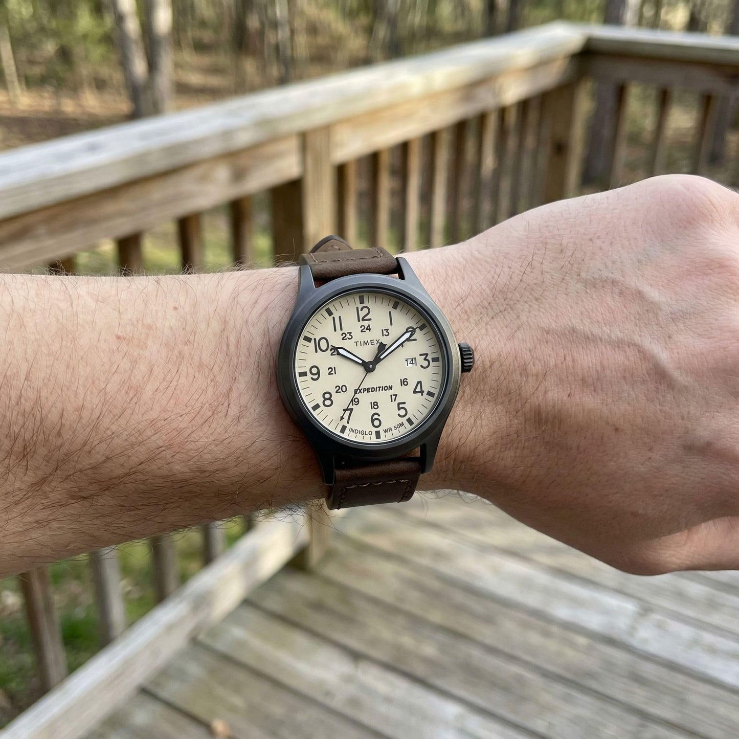 Timex Men's Expedition Scout 40mm Watch – Cream Dial Black Case & Brown Leather Strap