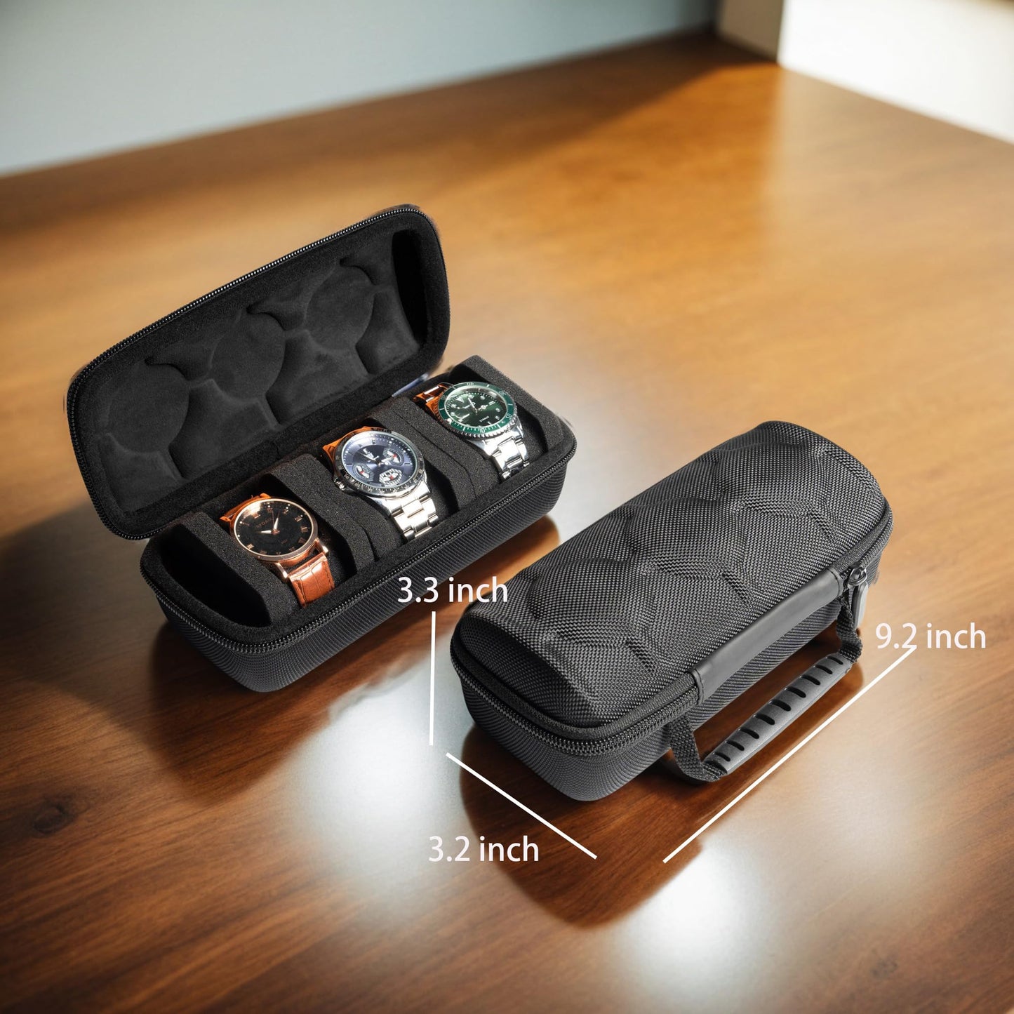 AUKURA 3 Slot Hard Watch Travel Case, Watch Roll Case Storage and Organizer for Men and Women, with anti-move watch pillow (Black fabric 3Slots)