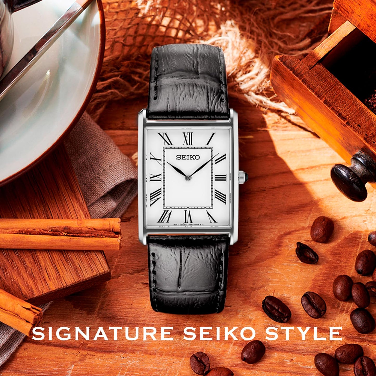 SEIKO SWR049 Watch for Men - Essentials - Water Resistant with Classic Stainless Steel Rectangular Case, White Dial with Roman Numerals, and Black Leather Strap