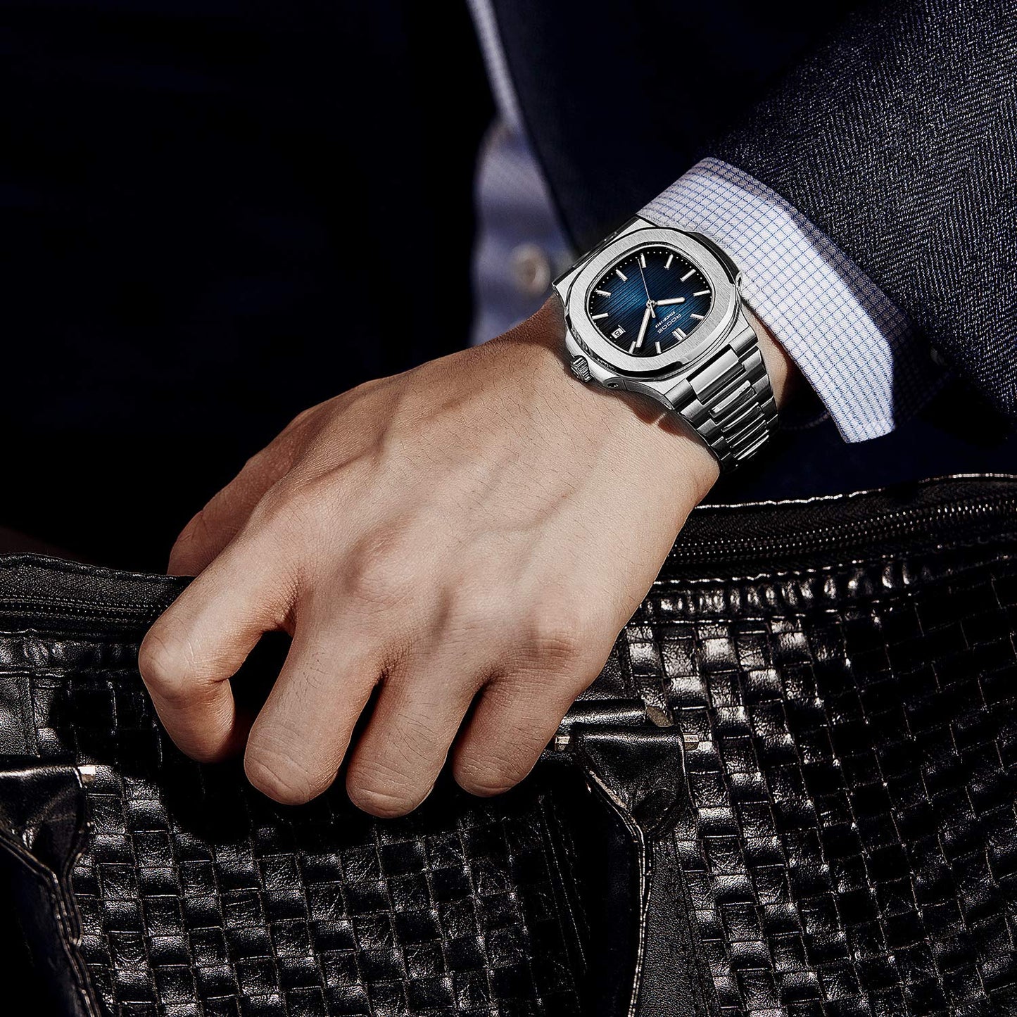 ROCOSJEWE Classic Luxury Blue Dress Watch Men's Automatic Mechanical Watch Wristwatch Water-Resistant Date Display Luminous Dial Stainless Steel Bracelet Gift for Men R0139
