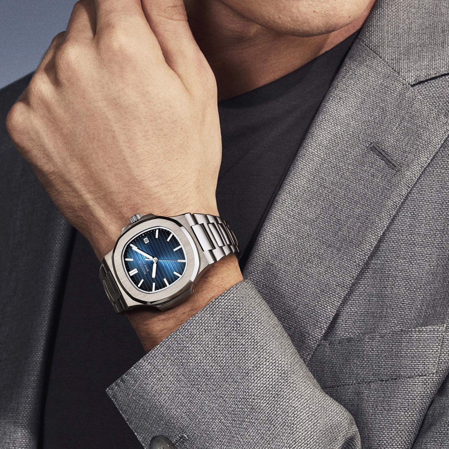 ROCOSJEWE Classic Luxury Blue Dress Watch Men's Automatic Mechanical Watch Wristwatch Water-Resistant Date Display Luminous Dial Stainless Steel Bracelet Gift for Men R0139