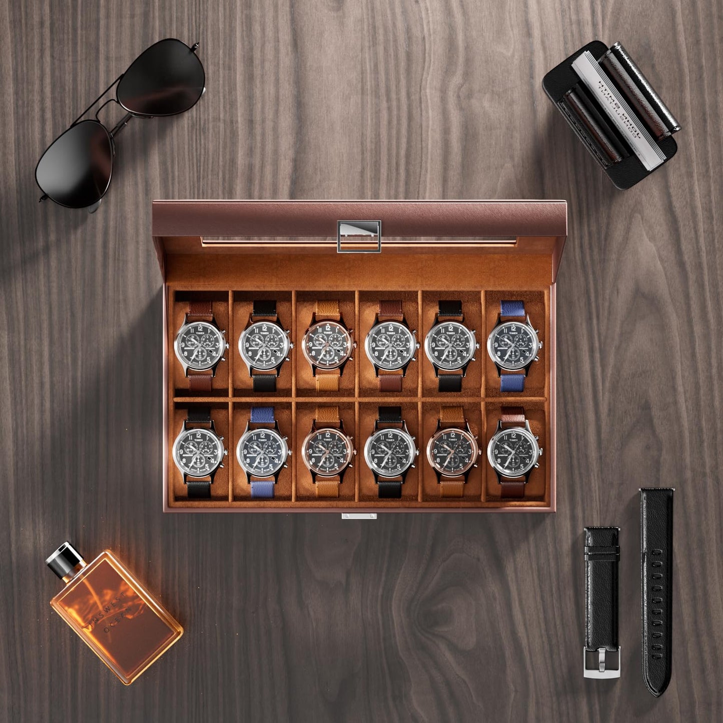 ProCase Watch Box Organizer, 12 Slot Watch Display Case With Glass Lid, Watch Storage Holder Mens Watch Case, Anniversary Birthday Valentine Gifts for Men Women -12 Slot, Brown