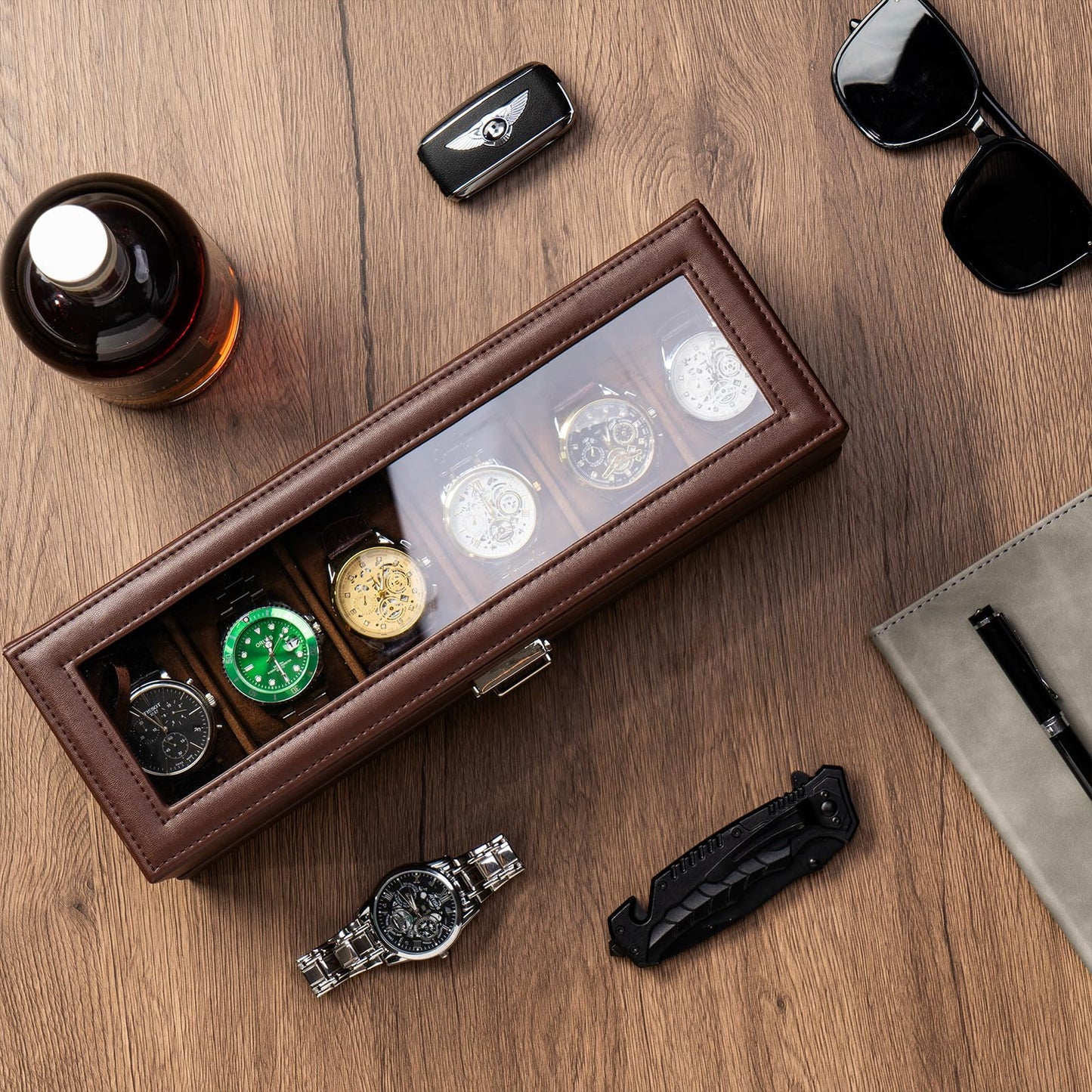 ProCase Watch Box, 6 Slot Watches Display Case with Drawer, Mens Watch Case with Glass Lid, 2-Layer Mens Jewelry Organizer Storage Holder, Birthday Valentine Gifts for Men -6 Slot, Espresso