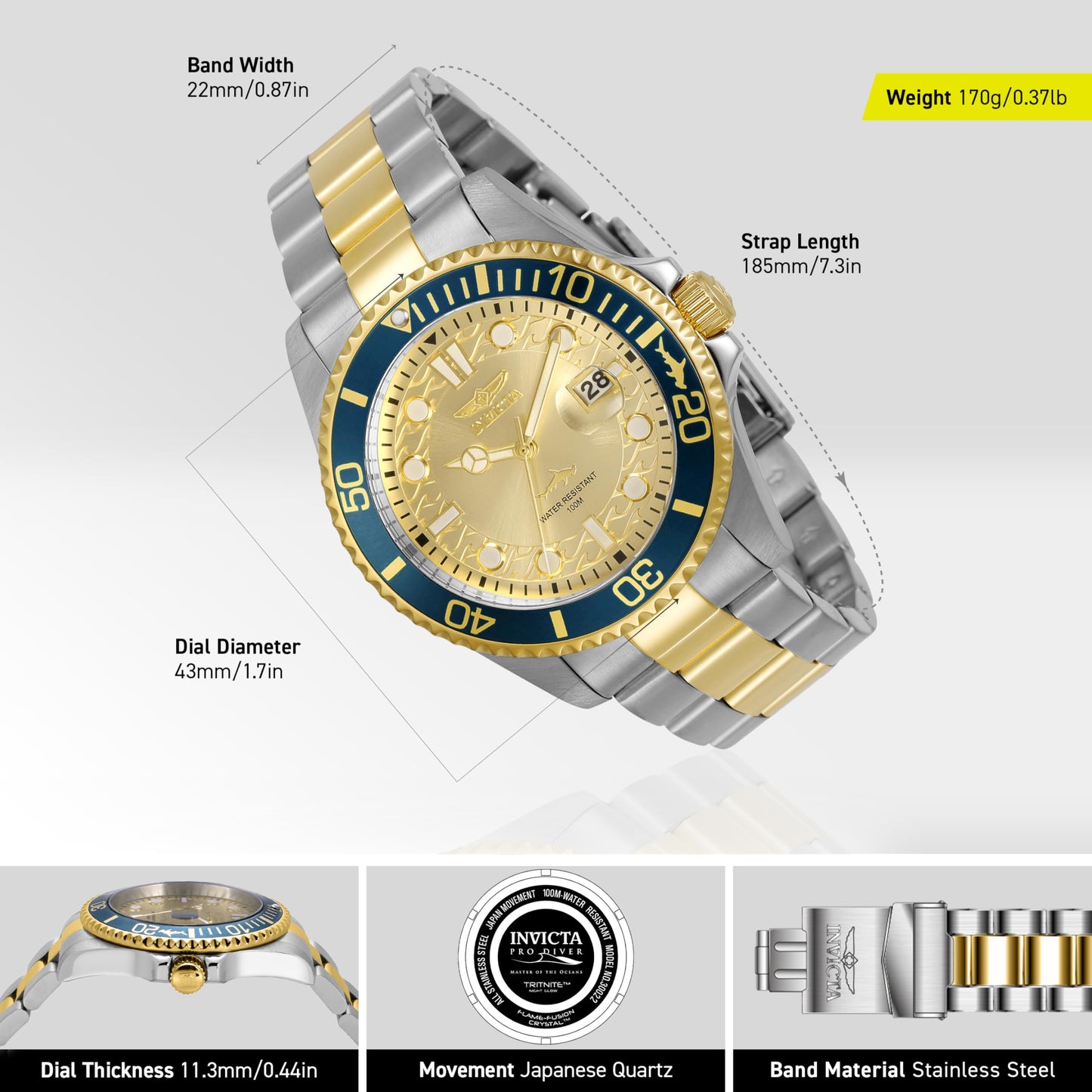 Invicta Men's Pro Diver Quartz Watch, Two Tone, 30022