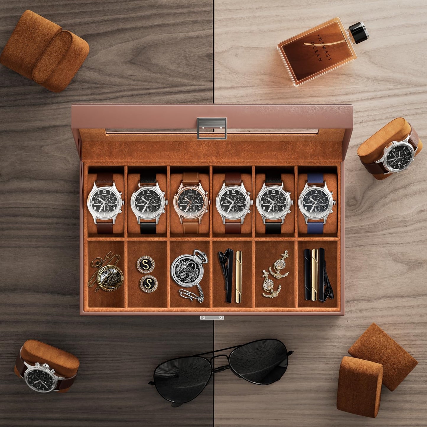 ProCase Watch Box Organizer, 12 Slot Watch Display Case With Glass Lid, Watch Storage Holder Mens Watch Case, Anniversary Birthday Valentine Gifts for Men Women -12 Slot, Brown