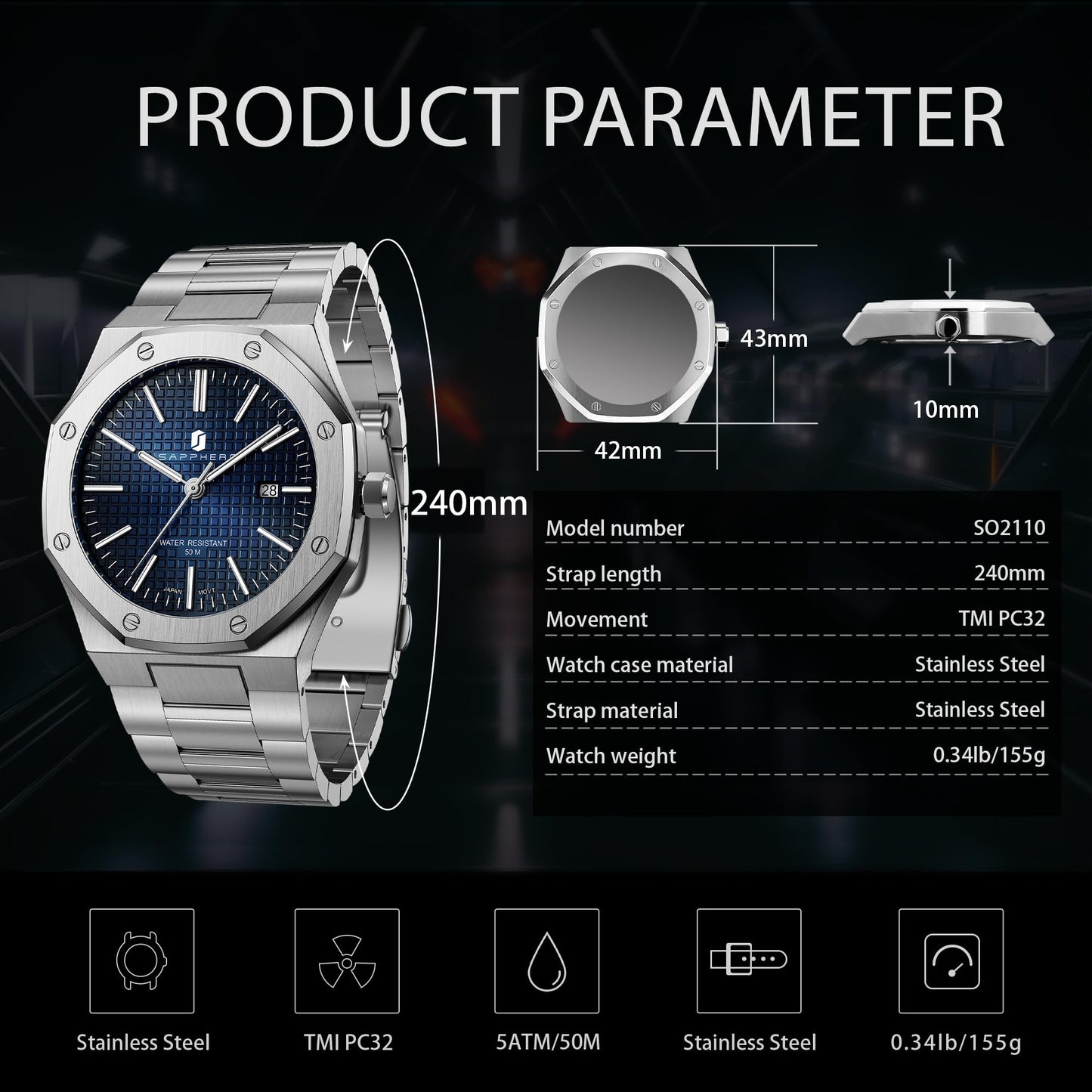SAPPHERO Watch for Men Silver Stainless Steel Mens Watches 50M Waterproof Analog Quartz Movement Wrist Watch Gifts for Men