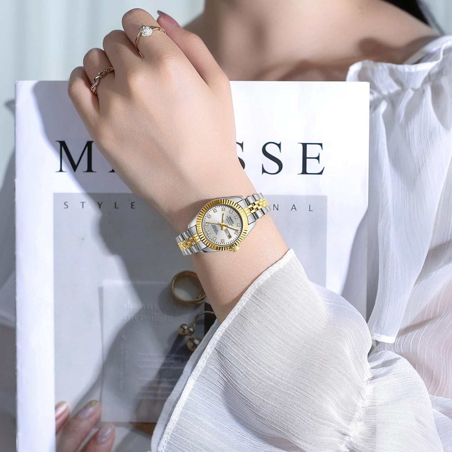NIBOSI Watches for Women Analog Quartz Stainless Steel Dial Gold Silver Two Tone Bracelet with Day Date Luminous Waterproof Dainty Classic Luxury Diamond Elegant Dress Women's Watch for Small Wrists