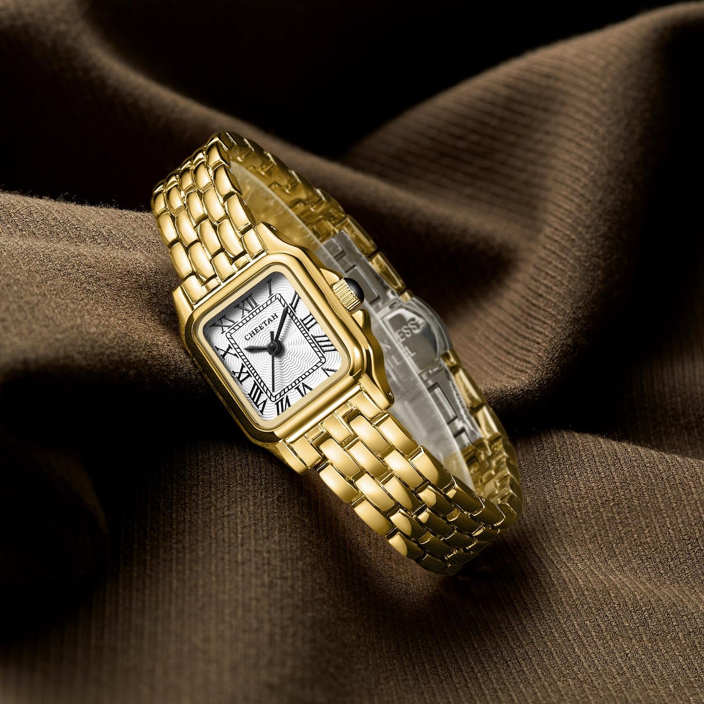 CHEETAH Watches for Women with Small Vintage Bracelet, Gold White Face, Rectangular Case, Roman Dial