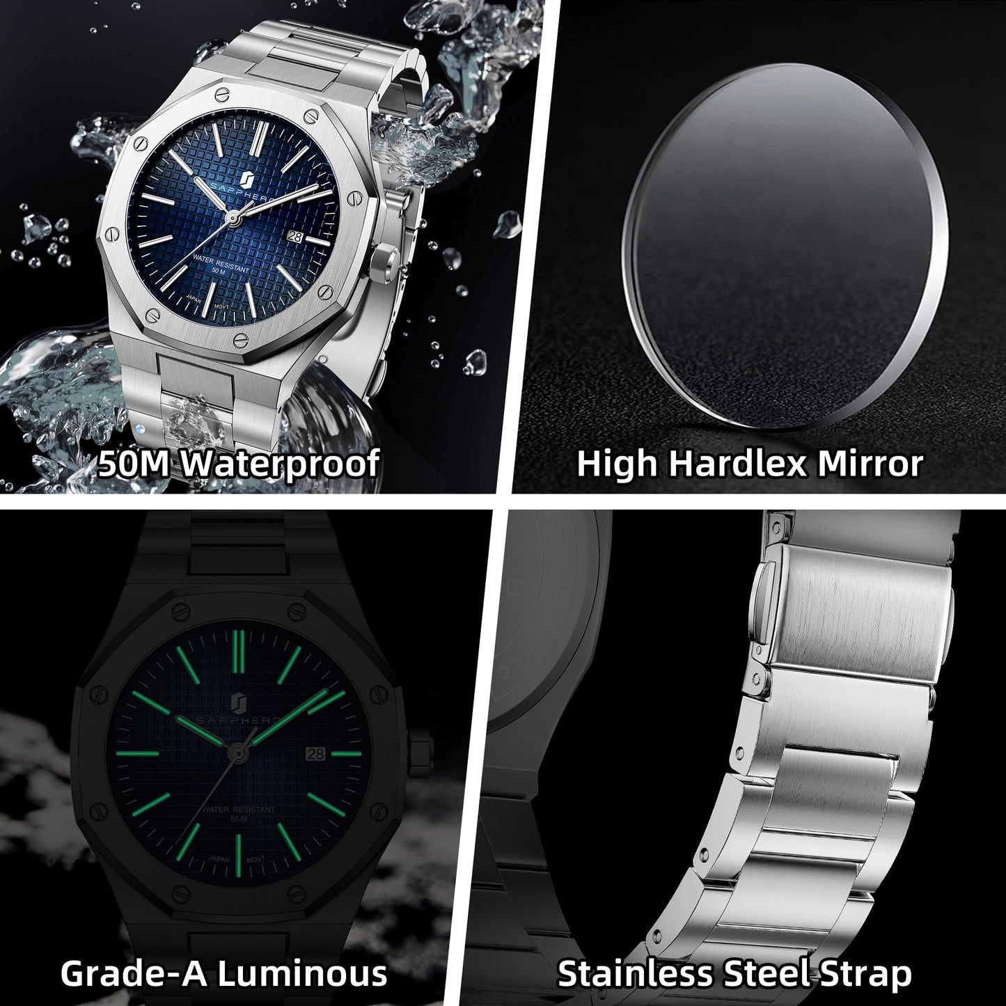 SAPPHERO Watch for Men Silver Stainless Steel Mens Watches 50M Waterproof Analog Quartz Movement Wrist Watch Gifts for Men