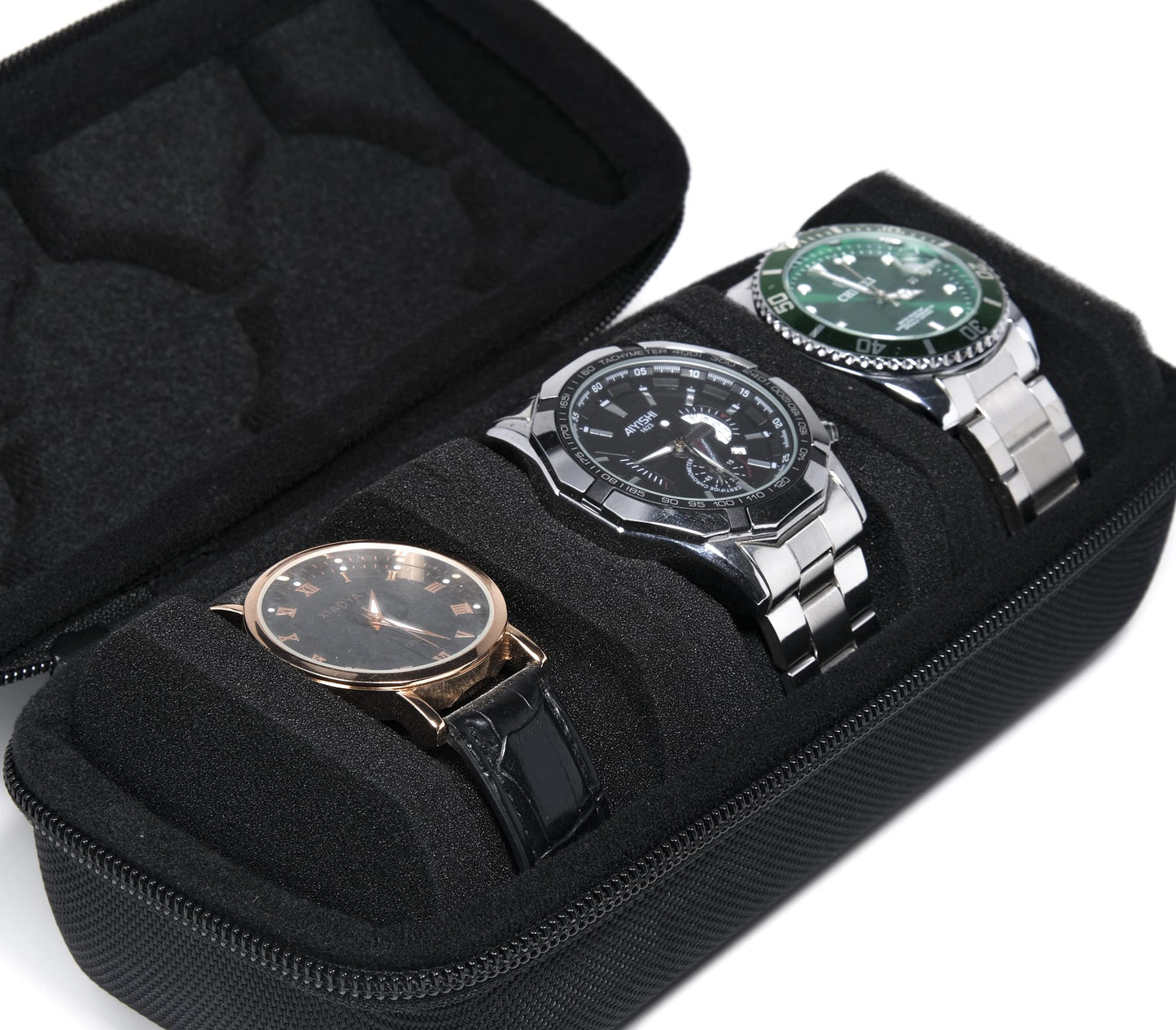 AUKURA 3 Slot Hard Watch Travel Case, Watch Roll Case Storage and Organizer for Men and Women, with anti-move watch pillow (Black fabric 3Slots)