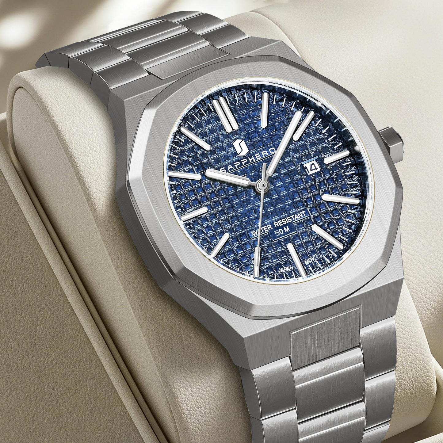SAPPHERO Mens Watches Octagonal Stainless Steel Quartz Fashion Business Men's Watch 50 Meter Water Resistant Analog Movement Multifunction Dials Classic Gifts for Men