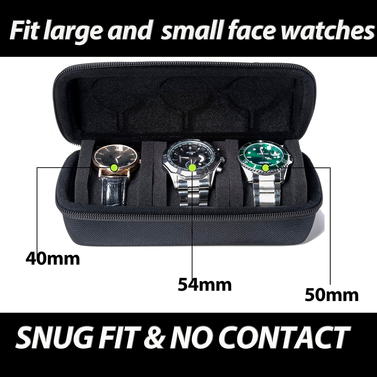 AUKURA 3 Slot Hard Watch Travel Case, Watch Roll Case Storage and Organizer for Men and Women, with anti-move watch pillow (Black fabric 3Slots)
